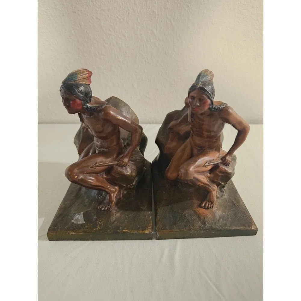 Vintage Native American Scout Cast Metal Polychrome Bookends Pair Bronze Tone